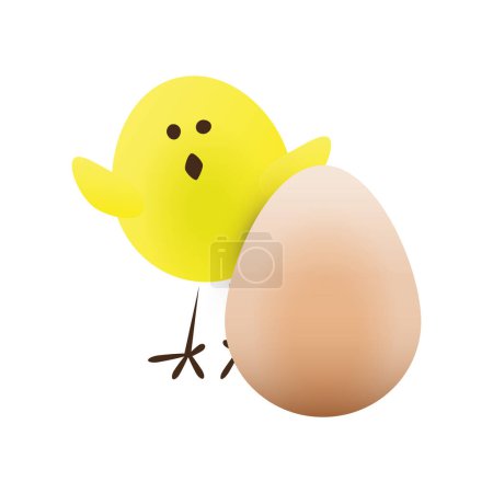 Ilustración de Divertido polluelo feliz de pie junto a un huevo de pollo crudo - Concepto de diseño aislado sobre fondo blanco - Ilustración vectorial - Imagen libre de derechos
