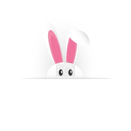 Ilustración de Plantilla de Pascua feliz aislada, diseño de tarjetas - Divertido lindo conejito blanco con orejas largas mirando hacia fuera de ocultar - Diseño con Copyspace aislado sobre fondo blanco, ilustración vectorial - Imagen libre de derechos