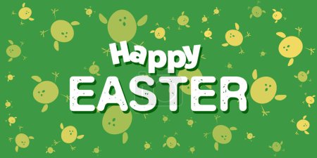 Illustration for Happy Easter Card Template - Big Text, Label on Random Placed Yellow Chicks Pattern  - Minimalist Wide Scale Design Perfect for a Poster, Cover, Banner or Postcard -Vector Illustration - Royalty Free Image