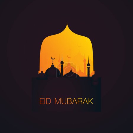 Ilustración de Ramadan Kareem o Eid Mubarak - Diseño de Tarjetas de Saludo Oscuro para el Festival de la Comunidad Musulmana con Siluetas de Mezquita Dorada en la Noche más Oscura - Imagen libre de derechos