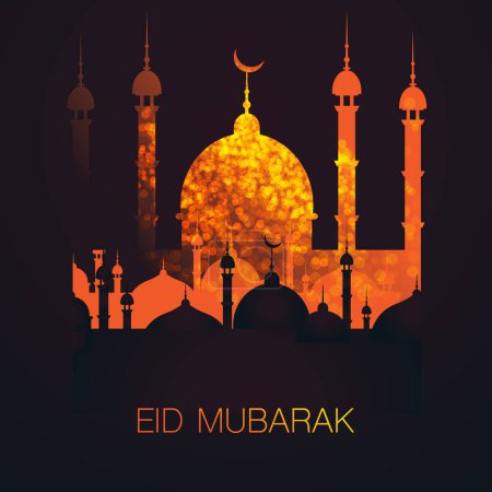 Ilustración de Ramadán Kareem o Eid Mubarak - Los Mejores Deseos Diseño de Tarjetas de Saludo para el Festival de la Comunidad Musulmana con Siluetas de Mezquita Artística Golden Firery en la Noche Oscura - Imagen libre de derechos