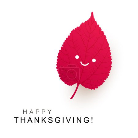 Illustration for Modern Style Happy Thanksgiving Card Layout with Smiling Face on a Red Tree Leaf, Design Template with a Single Fallen Autumn Leaf - Vector Illustration on White Background - Royalty Free Image