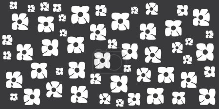 Illustration for Simple Retro Style Flowers of Various Sizes Pattern - Summer or Sping Theme from the 60s, 70s - Black and White Bold Vintage Texture Design on Dark Grey Vector Background - Royalty Free Image