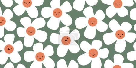 Téléchargez les illustrations : Beaucoup de sourire blanc motif de fleurs de marguerite sur fond vert - Personnages de bande dessinée mignon - Illustration vectorielle - en licence libre de droit