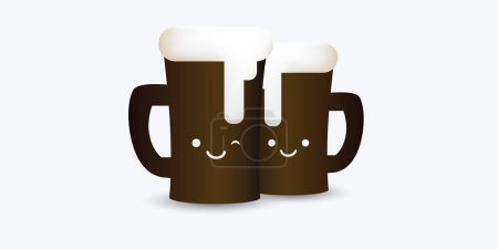 Téléchargez les illustrations : Deux tasses de bière brun foncé pleines de bière et de mousse avec un joli symbole sourire - Modèle de conception sur fond gris clair - Illustration vectorielle - en licence libre de droit