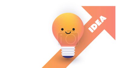 Illustration for New Possibilities, Ideas, Hope, Dreams - Big Up Arrow Shape with Idea Label and Light Bulb with Smiling Face - Modern Style Business, Creativity Vector Concept Design with Copy Space, Place for Text - Royalty Free Image