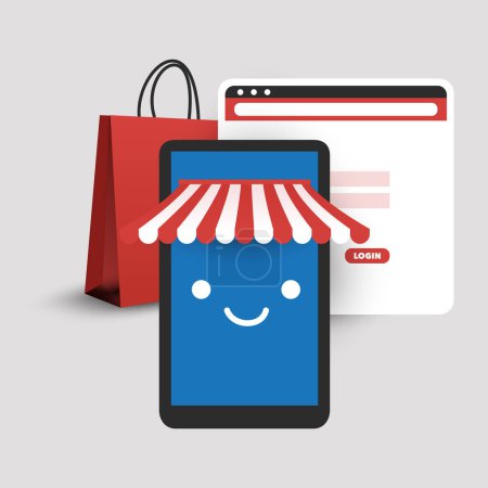 Careless Online Shopping on Safe Smart Devices Using Secure Websites - Secure E-Commerce Business, Mobility and Technology Design Concept, Vector Illustration - E-Shop, Smart Phone with Smiling Face