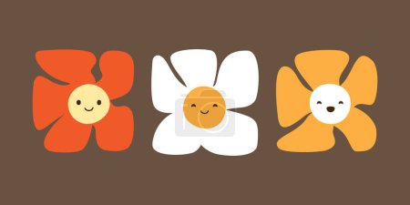 Téléchargez les illustrations : Ensemble de fleurs de marguerite souriantes colorées sur fond brun - Personnages de bande dessinée mignons - Illustration vectorielle - en licence libre de droit