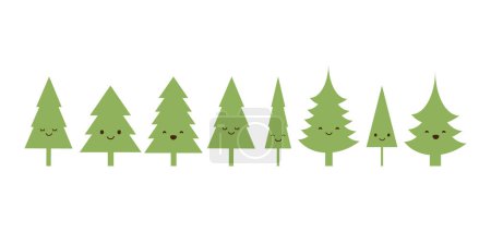 Téléchargez les illustrations : Rangée de nombreux personnages de pins mignons - Icônes simples d'arbres verts, Plantes, Forêt - Ensemble de conception vectorielle minimaliste, Clip-Art Collection of Tree Emoji pour le Web, Applications et médias sociaux, Messagerie instantanée - en licence libre de droit