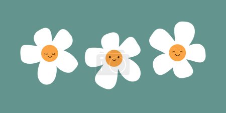 Illustration for Set of Smiling White Daisy Flowers on Green Background - Cute Cartoon Characters - Vector Illustration - Royalty Free Image