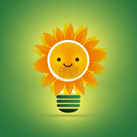 Ilustración de Plantilla de diseño de bombilla ecológica con sol y linda cara sonriente divertida - Concepto de energía solar alternativa de color naranja sobre fondo verde, ilustración en formato vectorial editable - Imagen libre de derechos
