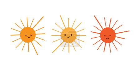 Téléchargez les illustrations : Ensemble d'icônes de soleil souriantes simples et colorées isolées sur fond blanc - Clip-Art élément de conception de personnages de bande dessinée mignon - Illustration vectorielle - en licence libre de droit