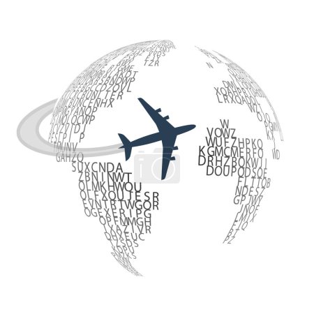 Illustration for Transparent Black Globe Design with Letters Pattern, Airplane Flying Around the World - Traveling Design Concept, Isolated on White Background, Vector Template with Copyspace, Place for Your Text - Royalty Free Image