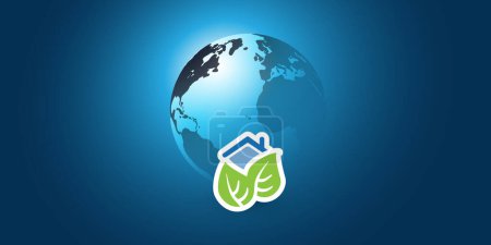 Illustration for Blue Global Eco World Concept, Creative Graphic Design Layout - Green Leaves, Smart Home Symbol and Earth Globe, Vector Template on Dark Blue Wide Scale Gradient Background - Royalty Free Image