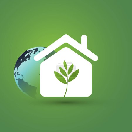 Téléchargez les illustrations : Eco House, Smart Home Concept Design - Pictogramme, symbole, icône de la maison avec feuilles et globe terrestre sur fond vert - Illustration en format vectoriel modifiable - en licence libre de droit