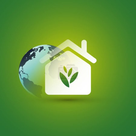 Téléchargez les illustrations : Eco House, Smart Home Concept Design - Pictogramme, symbole, icône de la maison avec feuilles et globe terrestre sur fond vert - Illustration en format vectoriel modifiable - en licence libre de droit