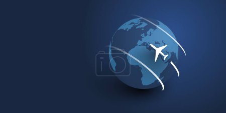 Illustration for Traveling Around the World - Travel by Airplane - Modern Style Earth Globe Design on Dark Blue Wide Scale Background - Multi Purpose Vector Illustration with Copyspace, Place, Room for Your Text - Royalty Free Image