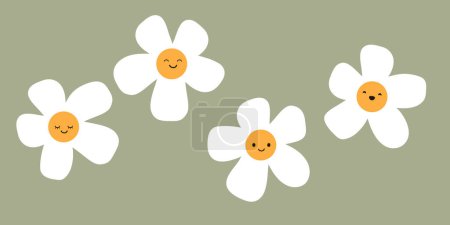 Illustration for Set of Smiling White Daisy Flowers on Grey Background - Cute Cartoon Characters - Vector Illustration - Royalty Free Image