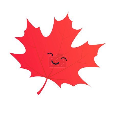 Téléchargez les illustrations : Mignon sourire visage sur une feuille d'érable rouge automne tombé sur fond blanc - Modèle de conception en format vectoriel modifiable - en licence libre de droit