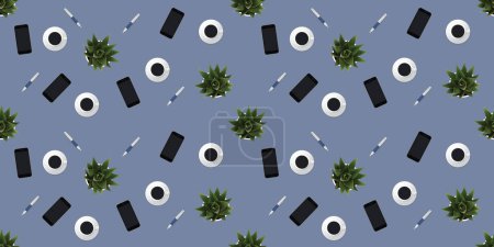 Illustration for Seamless Pattern - Set of Mobile Phone, Ornamental Plant, Digital Pen and Coffee Cup Objects on a Table - Above View, Modern Home Office Workplace Concept - Creative Office Workspace, Vector Design - Royalty Free Image