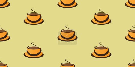 Téléchargez les illustrations : Beaucoup de tasse à café orange ou bol à soupe icônes motif sans couture sur fond jaune à grande échelle - Modèle de conception en format vectoriel modifiable - en licence libre de droit