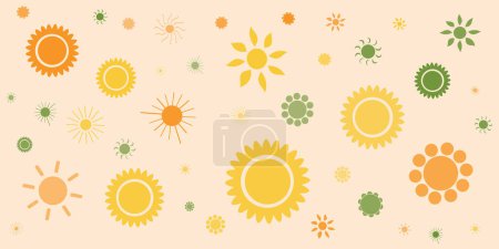 Illustration for Lots of Orange, Green and Yellow Flowers or Suns of Various Sizes - Vintage Style Texture, Natural Floral Pattern on Pink Background, Design Element in Editable Vector Format - Royalty Free Image