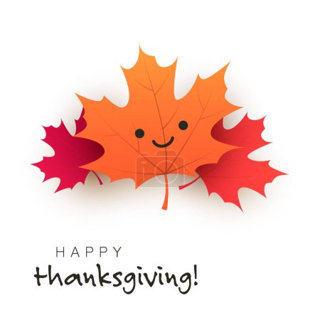 Ilustración de Diseño de la tarjeta de Acción de Gracias Feliz con la cara sonriente en la hoja del árbol de arce, Plantilla de diseño con hojas de otoño caídas dispersas en el fondo blanco - Imagen libre de derechos
