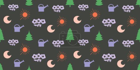 Illustration for Colorful Seamless Texture of Green Flowers, Trees, Watering Cans and Crescent Moons - Pattern on Dark Wide Scale Background Seasonal Wallpaper Design, Template for Web in Editable Vector Format - Royalty Free Image