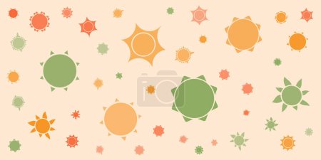Illustration for Lots of Orange, Green and Red Flowers or Sun Symbols of Various Sizes ans Shapes - Vintage Style Texture, Natural Floral Pattern on Wide Scale Pink Background, Design Element in Editable Vector Format - Royalty Free Image