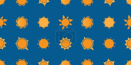 Téléchargez les illustrations : Beaucoup de fleurs oranges ou symboles de soleil de différentes formes sur fond bleu - Texture de style vintage, fond de motif floral naturel sans couture, élément de conception en format vectoriel modifiable - en licence libre de droit