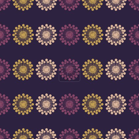 Ilustración de Muchas filas de coloridas cabezas de flores grandes, patrón transparente coloreado en púrpura, marrón y marrón claro - Textura de estilo retro, Fondo de estilo vintage, Elemento de diseño en formato vectorial editable - Imagen libre de derechos