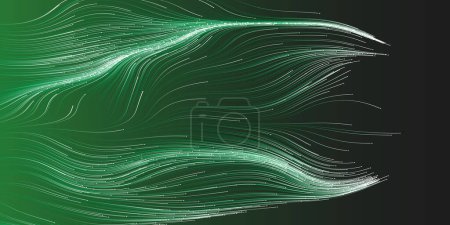 Ilustración de Blanco y verde en movimiento, flujo, corriente de partículas en curvas, líneas onduladas - Diseño de fondo geométrico abstracto futurista oscuro generado digitalmente, arte generativo en formato vectorial editable - Imagen libre de derechos