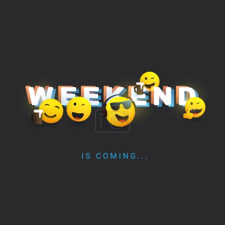 Illustration for 3D Weekend's Coming Banner, Typography Concept Design with Winking and Smiling Emoticons on Dark Background - Royalty Free Image