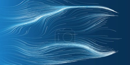 Ilustración de Blanco y azul en movimiento, fluyendo, corriente de partículas brillantes en curvas, líneas onduladas - Fondo geométrico abstracto moderno futurista oscuro 3D, diseño gráfico, arte generativo en formato vectorial editable - Imagen libre de derechos