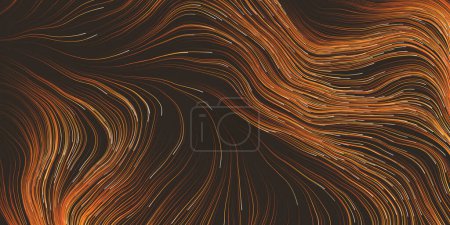 Illustration for Golden and Brown Wavy Striped Abstract Background - Dark Colorful Moving, Flowing Stream in Curving Lines - Modern Style Digitally Generated Dark Futuristic Abstract Geometric Design Tempate - Royalty Free Image