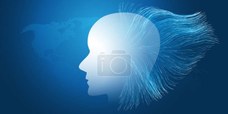 Illustration for Futuristic Artificial Technology Concept with Flow of Glowing Neural Connections Into a White Colored Human Face Profile, Dynamic 3D  Smart Tech Design with Digitally Generated Flowing Lines Pattern - Royalty Free Image