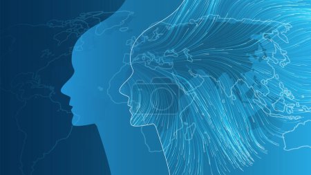 Illustration for Machine Learning, Artificial Intelligence, Cloud Computing and Networks Design Concept with Geometric Network Mesh and Wavy Lines and Human Face Profile Silhouette - Global Connections with World Map - Royalty Free Image