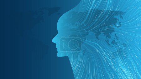 Téléchargez les illustrations : Concept d'apprentissage automatique, d'intelligence artificielle, d'informatique en nuage et de conception de réseaux avec maillage réseau géométrique et lignes ondulées et silhouette du profil humain - Connexions mondiales avec la carte du monde - en licence libre de droit