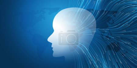 Illustration for Blue Machine Learning, Artificial Intelligence, Cloud Computing and Networks Design Concept with Human or Robot Head, World Map and Wavy Lines of Neural Network, Connections to the Brain Center - Royalty Free Image