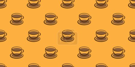Téléchargez les illustrations : Nombreux Tasse à café brune ou bol à soupe Symboles de différentes tailles - Modèle sans couture sur fond orange à grande échelle - Modèle de conception en format vectoriel modifiable - en licence libre de droit