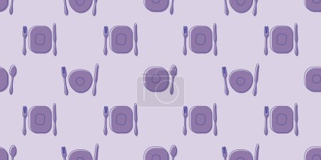 Illustration for Seamless Cutlery Pattern Background - Rows of Many Retro Style Hand Drawn Fork, Spoon, Knife and Plate Symbols Colored in Purple - Vector Illustration for Web or Menu Designs - Royalty Free Image