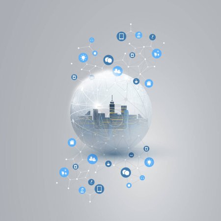 Illustration for Futuristic Smart City, IoT and Cloud Computing Design Concept with Icons, Polygonal Mesh, Cluster and Nodes and Tall Buildings Inside a Glass Globe - Digital Network Connections, Technology Background - Royalty Free Image
