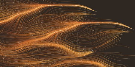 Ilustración de Marrón oscuro en movimiento, flujo, corriente de partículas en curvas, líneas onduladas - Diseño de fondo geométrico abstracto futurista oscuro generado digitalmente, arte generativo en formato vectorial editable - Imagen libre de derechos