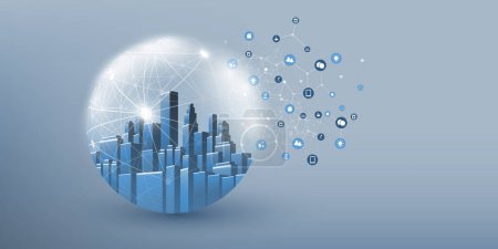 Illustration for Futuristic Smart City, IoT and Cloud Computing Design Concept with Polygonal Mesh, Cluster and Nodes - Cityscape Skyline in a Glass Globe - Digital Network Connections, Technology Vector Background - Royalty Free Image