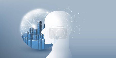 Téléchargez les illustrations : 3D Machine Learning, Intelligence Artificielle et Conception de Réseautage Neuronal avec Silhouette Humaine ou Robot Head, City in a Globe, Réseau Neuronal Mondial, Mesh, Connexions au Centre du Cerveau - en licence libre de droit