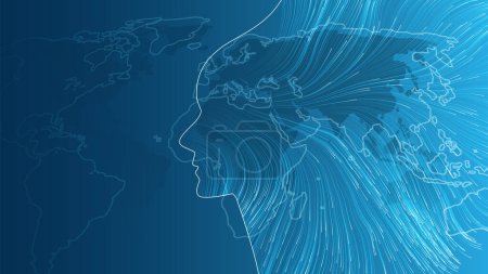 Ilustración de Concepto de tecnología artificial futurista azul con flujo de conexiones neuronales de luz brillante que forman un perfil de cara humana blanca, diseño dinámico de tecnología inteligente 3D con mapa mundial y patrón de líneas de flujo - Imagen libre de derechos