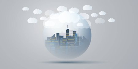 Illustration for Blue, Grey and White Smart City, Cloud Computing Design Concept with Transparent Globe and Cityscape, Tall Buildings and Skyscrapers Inside - Digital Network Connections, Modern Technology Background - Royalty Free Image