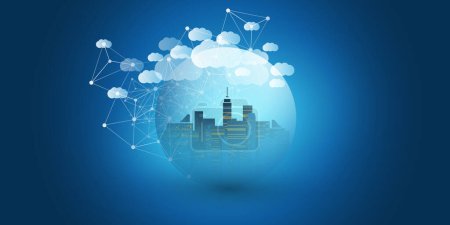Illustration for Dark Blue and White Smart City, Cloud Computing Design Concept with Transparent Globe and Cityscape, Tall Buildings, Skyscrapers Inside - Digital Polygonal Network Connections, Technology Background - Royalty Free Image