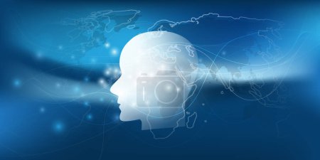 Illustration for AI Assistant, Chat Bot, Machine Learning, Artificial Intelligence and Networks Design Concept - Futuristic Gradient Background with Lights, Robot Head, Cluster of Glowing Network Nodes and World Map - Royalty Free Image