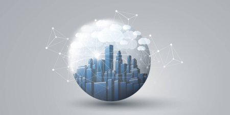 Illustration for Blue, Grey and White Smart City, Cloud Computing Design Concept with Transparent Globe and Cityscape , Tall Buildings, Skyscrapers Inside - Digital Polygonal Network Connections, Technology Background - Royalty Free Image